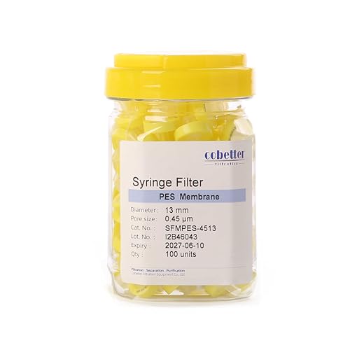 Image of 100 Pack PES Syringe Filter Lab Filters 0.45μm Pore Size 13mm Diameter Hydrophilic Filtration Non-sterile Yellow | Syringe Lab Filters, Hydrophilic PES, Female Luer lock & Male Luer Slip, for Aqueous & Mild Organic Solutions