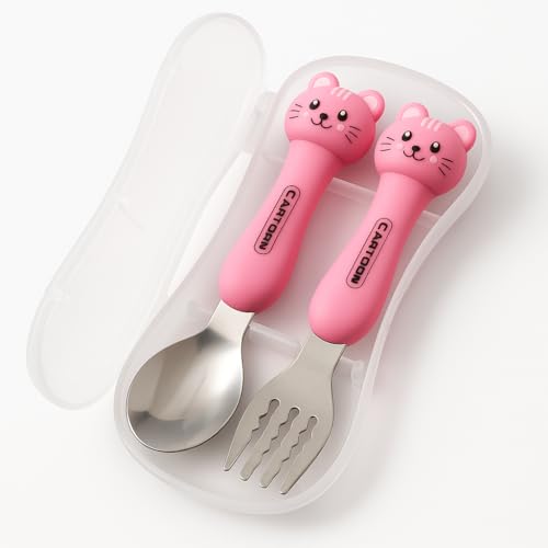 Conjunto de Talheres Infantis com Estojo 2 Peças em Inox com Cabo Decorado Tema Gatinho Lancheira Colher e Garfo Infantil Volta as Aulas