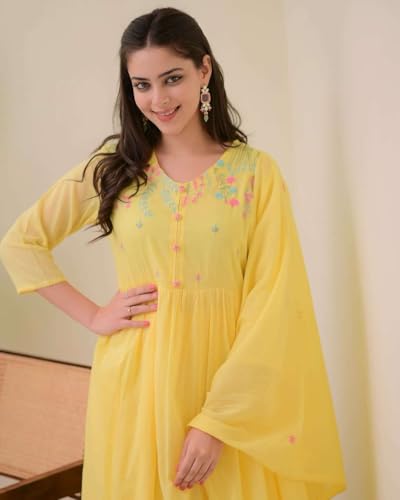 Image of ARK HUB Women's Cotton Embroidered Anarkali Kurti with Pant and Dupatta Set