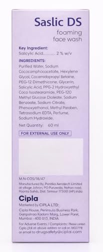 Image of Cipla Saslic DS Foaming Face Wash | 2% Salicylic Acid | Acne Prevention | Pore Unclogging Formula for Clear Skin By Multifly | 60ml