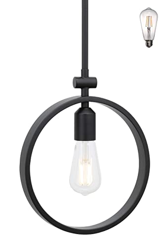 XiNBEi Lighting Pendant Light 1 Light Kitchen Pendant Lighting with LED Bulb, Industrial Black Metal Hoop Adjustable Hanging Ceiling Light XB-P1269-MB-LED