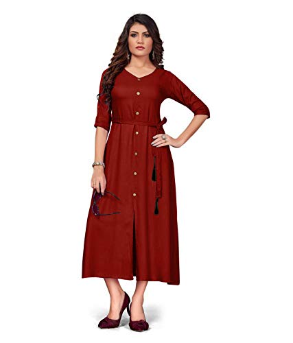 ElinekartWomen's Rayon Plain and Solid Stylish Front Slit 3/4 Sleeve Kurtis (Yellow, 2XL)