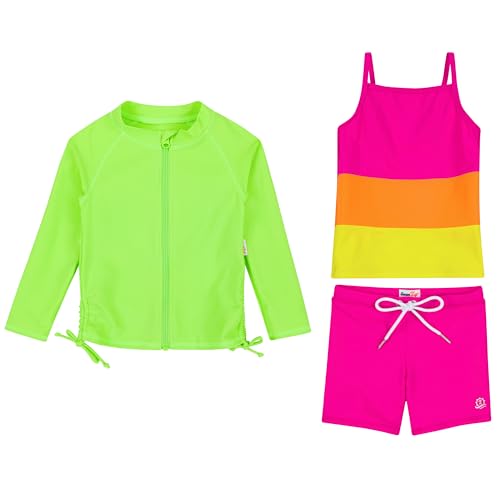 Image of SwimZip Girls' 3 Pc Swim Set w /Long Sleeve Rash Guard, Tankini & Shorts UPF 50+