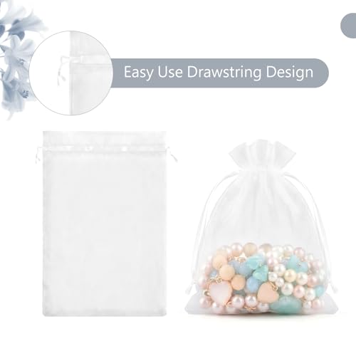 Image of FUNFERY 100 Pcs White Organza Bags 3x4 in, Small Mesh Drawstring Gift Bags for Sachet, Jewelry, Wedding Favor, Candy Goodie Treat Bag,Easter Day