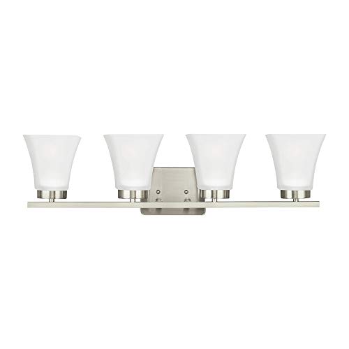 Image of Sea Gull Lighting 4411604-962 Bayfield Four-Light Bath or Wall Light Fixture with Satin Etched Glass Shades, Brushed Nickel Finish