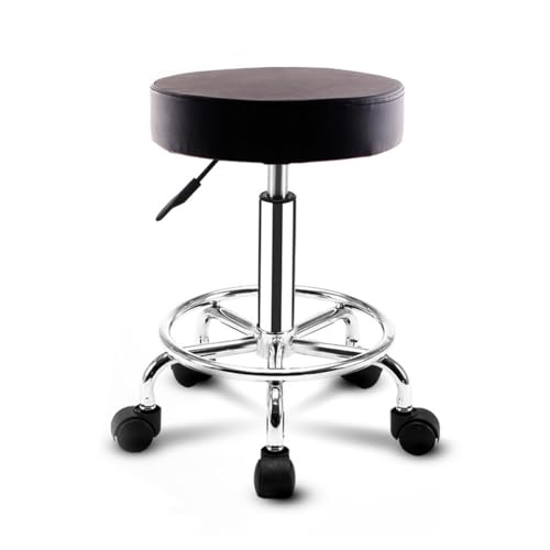 Tabouret de travail pivotant avec coussin en cuir PU noir et roulettes fluides