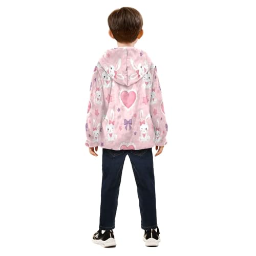 Cute Rabbits with Hearts Pattern Toddler Fleece Jacket Girl Boys Hooded Fleece Jacket Coat Warm Outwear Zip-up 3-10T4
