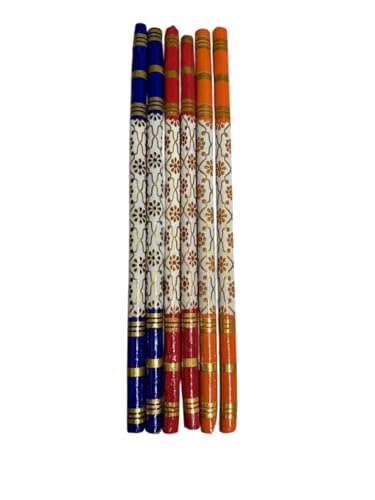 Traditional Wooden Dandiya Sticks – Decorative Garba Raas Sticks for Navratri & Festive Celebrations (Set of 3 Pairs - Blue, Orange and Red Color)