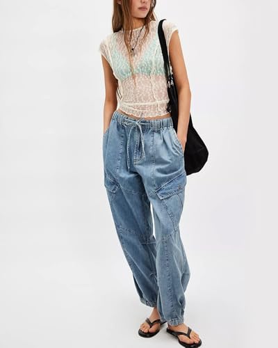 SCOFEEL Women's Wide Leg Jeans High Rise Drawstring Flight Denim Pants Elastic Waist Casual Boyfriend Jogger Trousers2