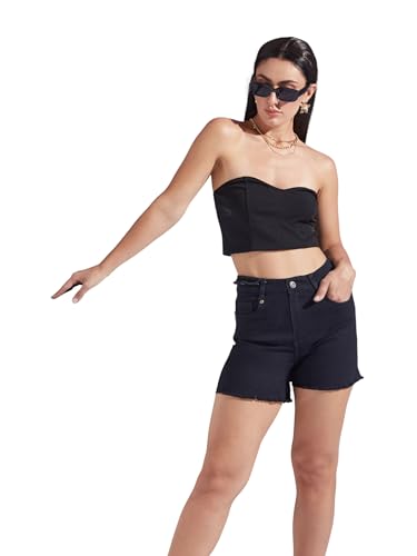 Image of Miss Chase Women's Relaxed Mid Rise Regular Non Stretchable Denim Shorts