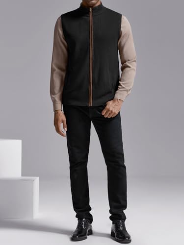 Image of Ryannology Mens Sweater Vest Zip up Casual Sleeveless Cardigan Knitted Stand Collar Regular Fit Jacket with Pockets