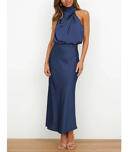 Image of Sexyshine Women's Elegant Halter Tie Neck Sleeveless Satin Long Dress Backless Split Cocktail Party Formal Wedding Maxi Dress