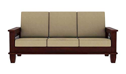 Image of Wooden Solid Sheesham Wood 5 Seater Sofa Set with Cream Cushions (5 Seater Sofa | 3+1+1, Mahogany Finish