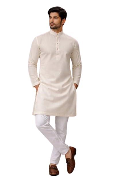 Men’s Cotton Blend Textured Kurta – Stylish Mandarin Collar Ethnic Kurta for Festive, Casual (Cream)-image-3