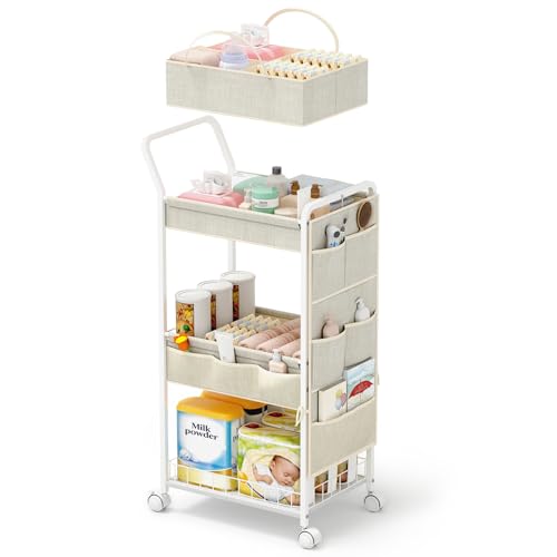 Image of BBLIKE 3-Tier Diaper Caddy Organizer - Rolling Utility Baby Cart with Basket and Side Pockets for Nursery and Baby Essentials, Multi-Function Cart for Bedroom and Bathroom, Begie