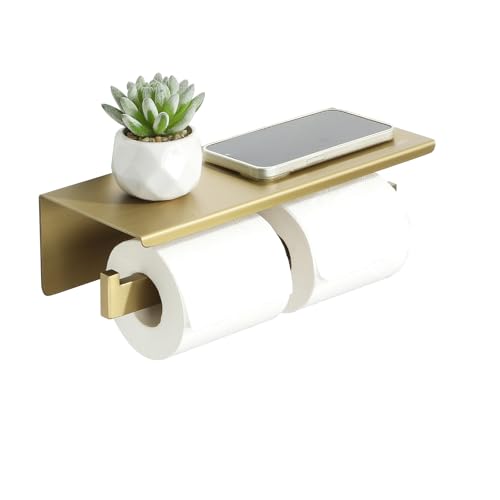 Alise GYT5002-G Double Toilet Paper Holder Bathroom Tissue Roll Holder with Shelf,Two Installation of 3M Self-Adhesive and Wall Drill,SUS304 Stainless Steel Golden Finish