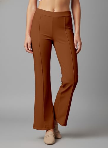 Image of Mehrang Cotton Blend Bootcut Parallel Trouser Pants for Women Regular Fit, Bellbottom Straight Pants for Womens