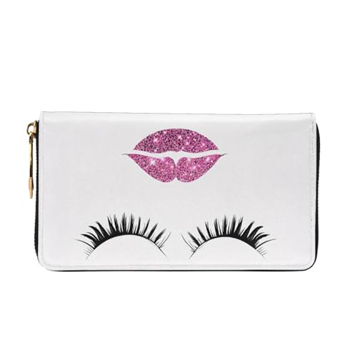 (Eyelash Lip White Print) Faux Leather Wallet Long Clutch Zipper Purse Card Holder Travel Coins Cash Organizer Phone Pocket 7.48 x 4.13 x 0.9 inches2