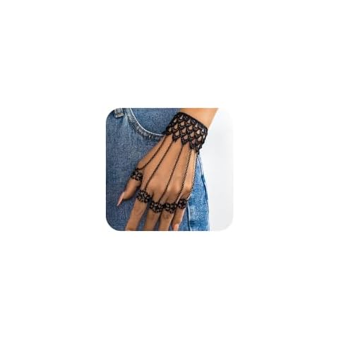 Denifery Dainty Vintage Gothic Halloween Black Lace Bracelet with Ring Bangle Bracelet Metal Black Crystal Charm Steampunk Lace Black Slave Hand Chain Tassel Bracelet Rings for Women Cover