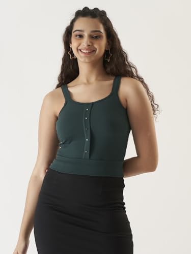 Image of PRETTIFY Green Solid Cotton Blend Crop Top