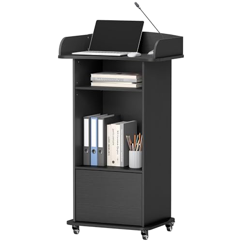 Suuiwau Podium Stand Portable Mobile Wood Pulpit Podium Hostess Stand Reception Desk with Adjustable Shelf and Lockable Wheels for Churches Conference School