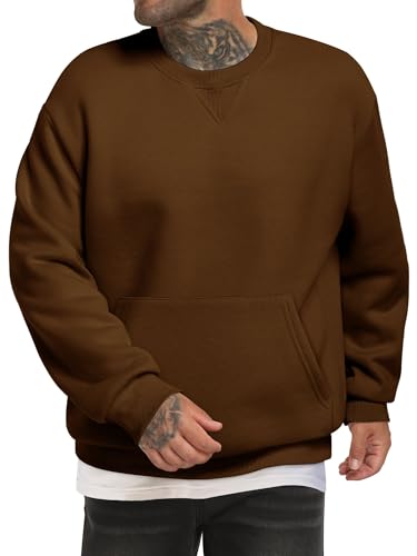 TUREFACE Men's Crewneck Sweatshirts Brown Long Sleeve Casual Basic Baggy Sweat Shirts Pullover with Kango Pocket