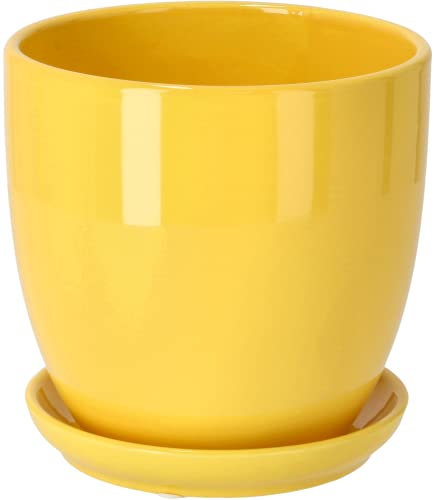KOTARBAU® Macetero con Plato de Ceramica esmaltada, 17 cm, Maceta para Interiores y Exteriores, Tiesto Decorativo para Plantas, Amarilla con Plato y Orificio de Drenaje