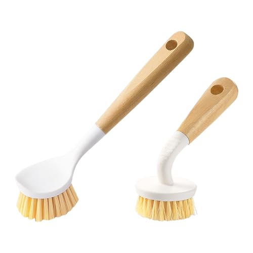 Image of Dish Brush with Handle, Long and Short Handle Kitchen Scrub Brushes with Tough Bristles, Natural Dish Scrubber Brush for Dishes, Pans, Pots and Kitchen Sink Cleaning, 2 Pack White