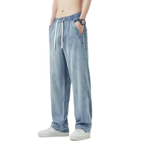 Mens Summer Thin Soft Lyocell Fabric Jeans Men Elastic Waist Straight Breathe Denim Pants Male Trousers