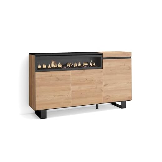 Skraut Home | Aparadores para salón | Gran Capacidad de almacenaje | 150x87x35cm | 3 Puertas | Chimenea eléctrica | Diseño Industrial | Estilo Moderno | Roble y Negro