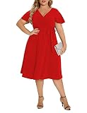 Agmibrelr Women's Plus Size Flutter Sleeve Dress Deep V Neck A-Line Swing Midi Dresses Red XL