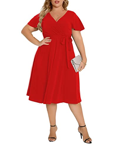 Agmibrelr Women's Plus Size Flutter Sleeve Dress Deep V Neck A-Line Swing Midi Dresses Red Xl #TOP4
