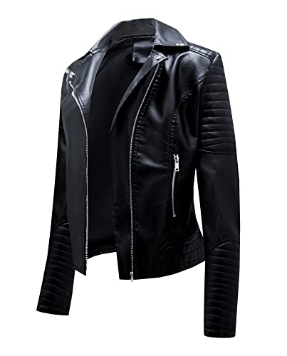 NJNJGO Jaqueta feminina de couro PU com lapela e frente aberta, Preto, M