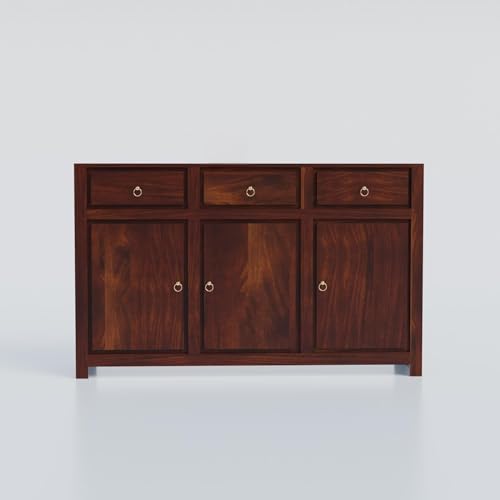 Image of Solid Sheesham Wood Sideboard Cabinet Storage with 3 Door & 3 Drawer Wooden Storage Organizer Cabinet for Home Kitchen Living Room Bedroom Hallway Dinning | Walnut Finish | Pre-Assembled