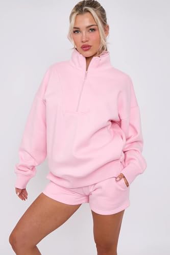 kraftd Women 2 Piece Outfits Sweatsuit Oversized Half Zip Collared Sweatshirt & Short Set Lounge Wear Tracksuit Sets Pink - Image 5
