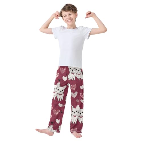Bulldog Love Hearts Boys Long Pants Soft Trousers Elastic Waist Kids Lounge Bottoms with Pockets S-XL3