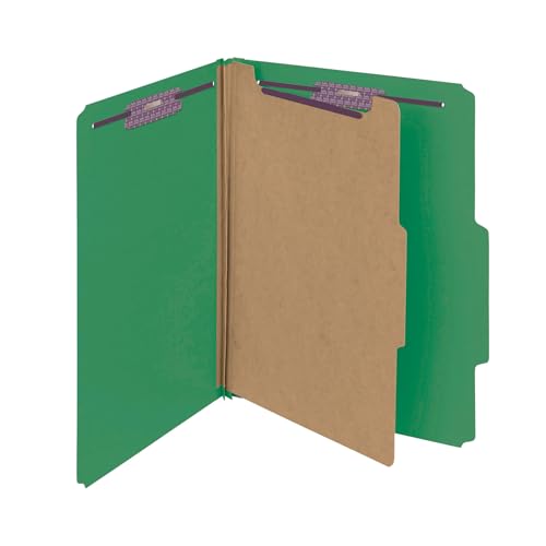 Smead Pressboard Classification File Folder with SafeSHIELD Fasteners, 1 Divider, 2" Expansion, Letter Size, Green, 10 per Box (13733) (Pack of 1)