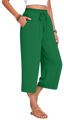 Image of Anyhold Women's Capri Pants Drawstring Casual Palazzo Trousers with Pockets Loose High Waisted Wide Leg Lounge Pants