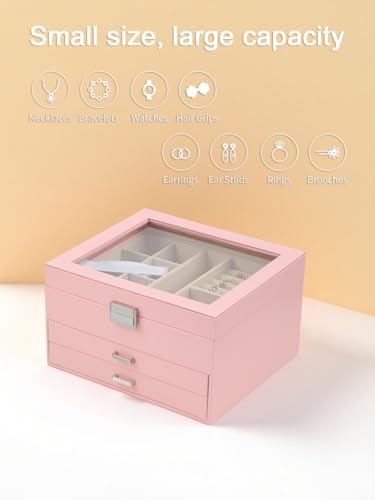 BOOVO Clear Lid Jewelry Box,3 Layers Jewelry Organizer Large Jewelry Storage Box with 2 Drawers,Jewelry Holder Organzier of Rings Earrings Necklace Bracelets for Women (Pink, 3 Layer) — view 6