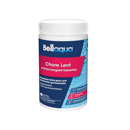 Bellaqua e-Chlore Lent 1kg – Galets de Chlore Piscine 200g – Désinfection Permanente à Dissolution Lente – Chlore Longue Durée pour Eau Claire et Saine