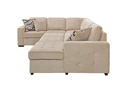 Fanye 123" U-Shaped Polyester Sectional Sofa With Pull Out Sleeper Couch Bed & Storage Chaise Lounge, King Functional Sofa & Couch W/4 Pillows For Home Apartment Living Room Furniture Sets, Beige #TOP3