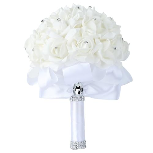 Jorzer Wedding Bouquets for Bride, 7x9in Elegant White Artificial Foam Rose Bridal Bouquet with Crystals Soft Ribbons for Wedding Ceremony & Anniversary Bouquet