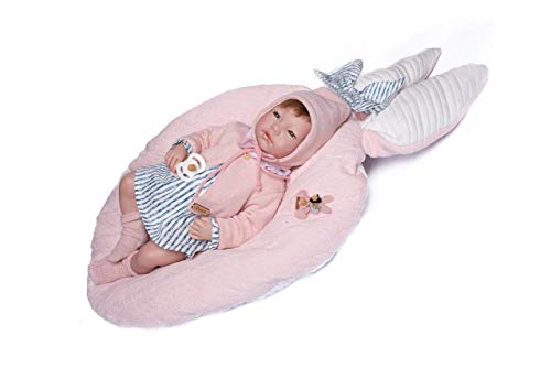 Bonecas de Guca- Feminina Reborn 46 cm Isabela com vestido às riscas casaco e gorro de malha rosa mais quente coelho, multicolorido (18018)