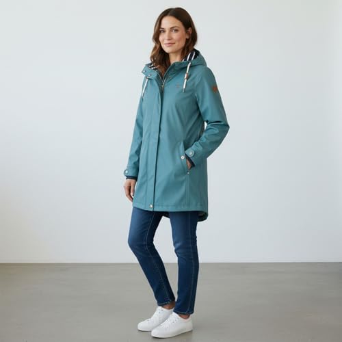 Dry Fashion Damen Regenmantel Kiel - Frauen Regenjacke Damen Jacke mit verstellbarer Kapuze Lang Winddicht Wasserdicht in Petrol Größe 52