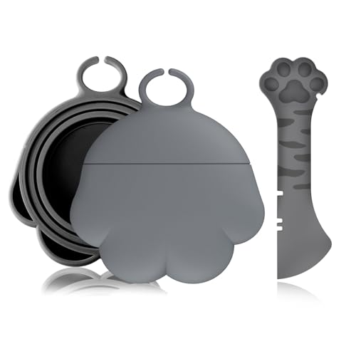 PHOGARY Silikon Dosendeckel Katzenfutter mit Löffel für Haustierfutterdosen, Deckel für Katzenfutter/Hundefutter Dosen, Universal Dosenverschluss, Haustier Futteraufbewahrung, Geschenk (Grau)