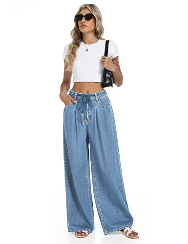 Women's Drawstring Jeans Wide Leg High Waisted Baggy Elastic Waist Straight Leg Jeans Pants with Pockets Blue4