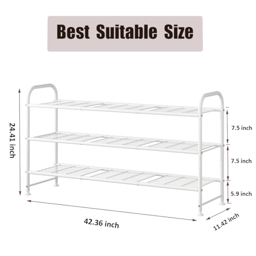 Image of LINZINAR Shoe Rack Long 3 Tier Shoe Storage Organizer Metal Wide Shoe Shelf for Closet Entryway Bedroom 24 Paris Large Capacity, Black (White, 3-Tier)