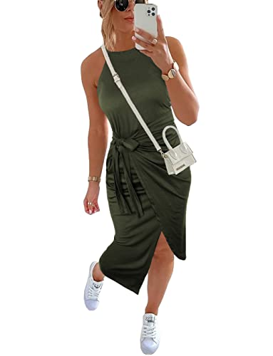 Image of NOLLSOM Women Casual Sleeveless Striped Tank Midi Dresses Halter Neck Ruched Bodycon Dresses Tie Waist T Shirt Summer Dress