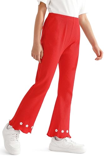 Girl's Fall Knitted Ribbed Bell Bottoms Pants Ruffle Flare Pants Floral Embroidery Trousers for Children's4