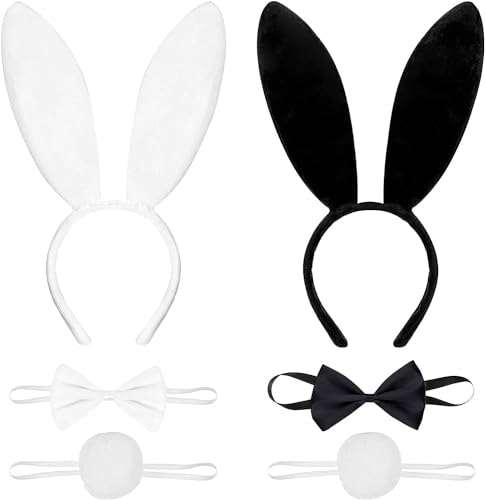 Hasenohren Haarreif, Halloween Cosplay Kostüm Dress Up, Kaninchenohren Bunny Ohren Haarreif, Plüsch Stirnband Fliege Schwanz Set für Halloween...
